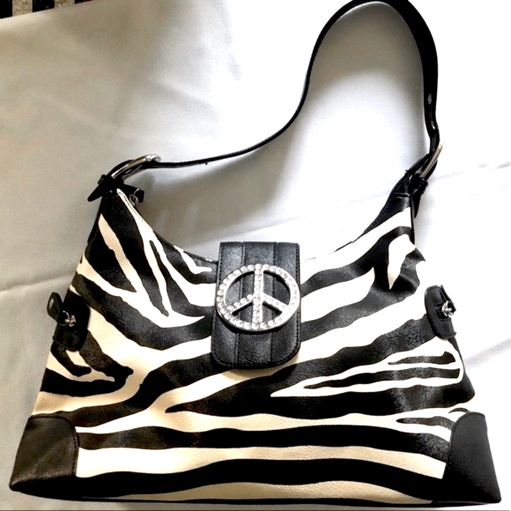 CONCEALED CARRY PURSE ZEBRA PRINT SHOULDER BAG OUTSIDE POCKET PEACE SIGN NEW13X9